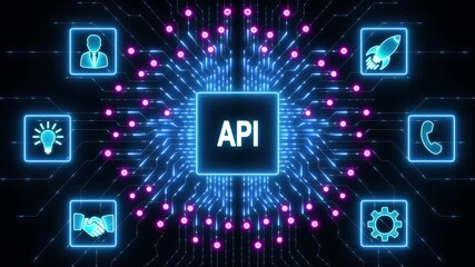 glowing api surrounded by ai icons, symbolizing application programming interface, the tech environment highlights the future of api programming.Abstract glowing blue circuit board background