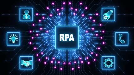 RPA Robotic process automation innovation technology concept. Business, technology.blue circuit board background animation