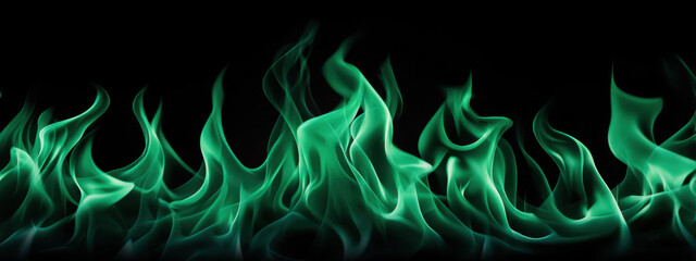 Wall Mural - Green flame on black background creates mysterious and intense atmosphere with smooth flowing shapes and vibrant color, evoking sense of energy and intrigue