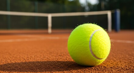 Close Up of Bright Yellow Tennis Ball with White Seams on Outdoor Clay Court Under Daylight with Net Background