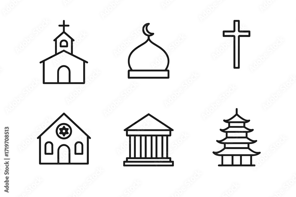 simple-outline-icons-of-diverse-religious-buildings-and-symbols-stock