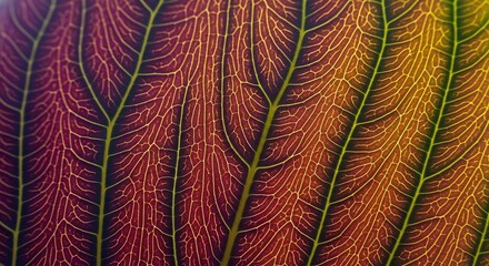 Closeup of redbrown leaf veins with yellow capillary branches  green structural veins