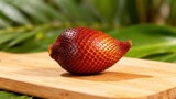A vibrant, red salak fruit sits on a light brown wooden cutting board, its textured skin displaying a beautiful pattern against a blurred backdrop of lush green palm leaves.