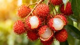 of rambutan fruits, vibrant red and hairy, with a soft, natural glow.