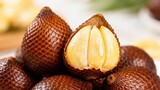 view of several salak fruit, showcasing the intricate texture of the brown skins and the bright yellow flesh within one of the cut fruits.