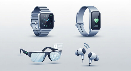 Set of modern gadgets isolated on white background smartwatch, fitness tracker, smart glasses, and wireless earbuds for everyday use