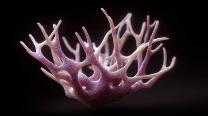 Elegant abstract art sculpture featuring an intricate organic coral design. This mysterious modern pink decoration presents complex, web like form against black background
