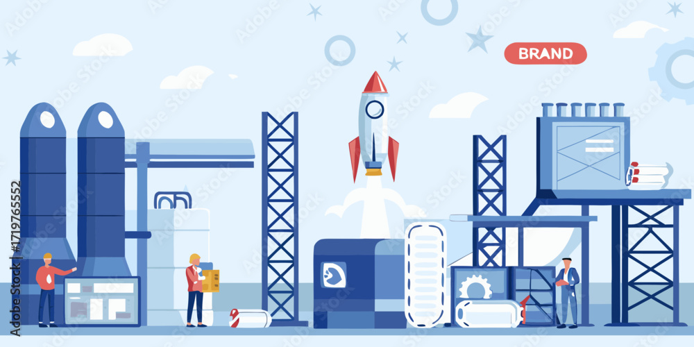 Warehouse Rockets Design Rocket launch site with workers and industrial structures symbolizing ...