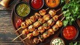 Grilled Skewers with Variety of Sauces and Fresh Ingredients