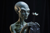 Intriguing Alien Figure Holding Glow-In-The-Dark Flower with Alien Landscape in Mysterious Dark Tones