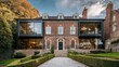 © hai - An elegant brick house with traditional design features multiple chimneys, dormer windows, symmetric window placement,