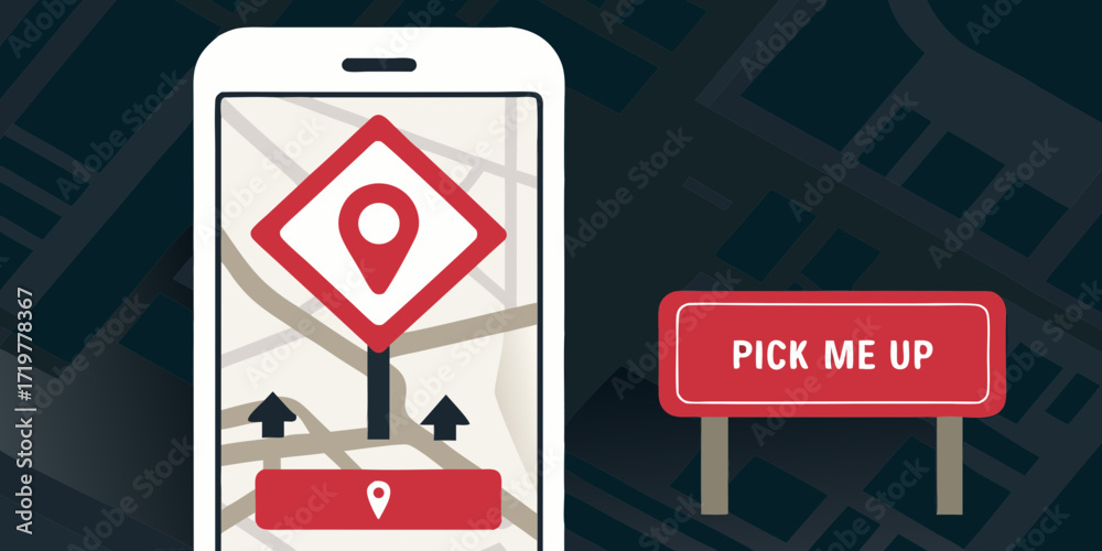 Map Mobile App Sign Smartphone navigation app displaying a map with a prominent pin marker ...