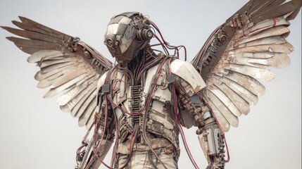 Futuristic mechanical angel sculpture