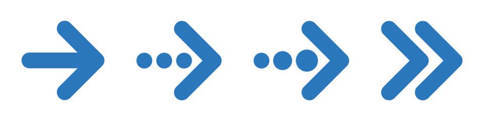 Wall Mural - Blue rounded right arrows set. Next, enter, swipe, scroll button. Flat icon isolated. Continue icon. East arrow.