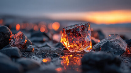 Wall Mural - Stunning ice cube rests on rocky beach, illuminated by warm sunset glow. contrast between cool ice and fiery colors creates captivating scene