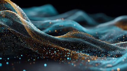 Wall Mural - Abstract digital waves with shimmering particles create mesmerizing visual effect, showcasing blend of turquoise and gold tones that evoke sense of depth and movement
