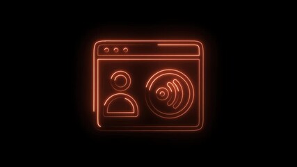 Glowing orange neon podcast website icon on black background shows website user interface design