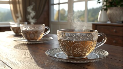 Set of vintage glass teacups on polished wooden surface elegant delicate transparent modern artistic high quality decorative arrangement aesthetic composition ornamental display creative visual design