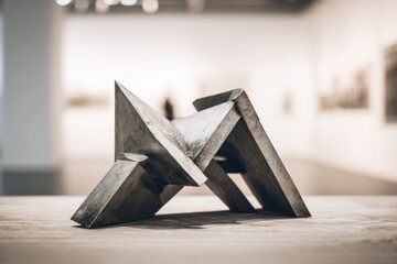 Abstract concrete sculpture on display in an art gallery, showcasing modern design and artistic expression in a museum setting