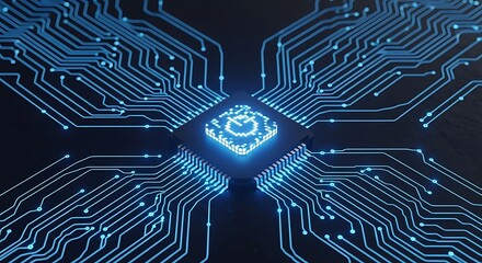 Advanced glowing blue circuit board with central processor and power symbol, representing digital technology and innovation.