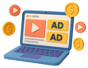 Laptop displaying video ads and coins with play buttons on white background computer screen isolated on a transparent background