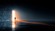 © MPSseven - Unlock access to new possibilities as person walks through glowing door into bright digital world filled with light and hope in dark futuristic environment