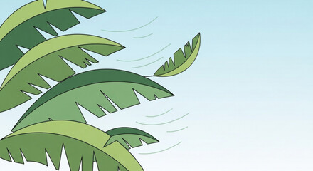 A simple illustration of large, green banana leaves swaying gently in the breeze against a light blue sky, creating a calming and tropical atmosphere