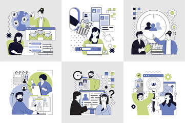 Wall Mural - Human resources concept set for web design. Collection with people searching best cv, interviewing candidates online for recruiting, employees gets best offers in company staff. Vector illustration.