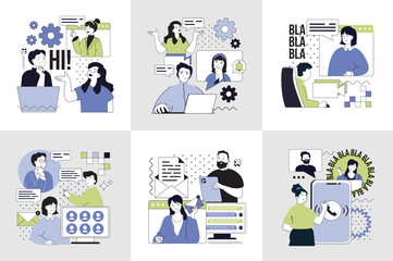 Wall Mural - lets talk concept set for web design. collection with people communicating online, sending emails, n