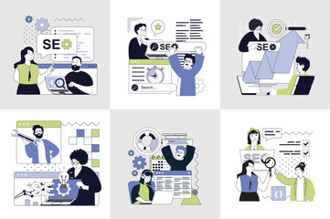 Wall Mural - seo optimization concept set for web design. collection with people research website traffic data, f