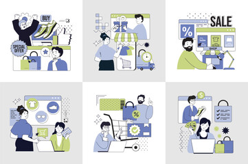 Wall Mural - shopping and ecommerce concept set for web design. collection with people buying in online stores wi