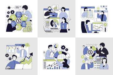 Wall Mural - statistics and analytics concept set for web design. collection with people making research for fina