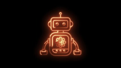 Animated glowing robot icon on black background futuristic technology and artificial intelligence