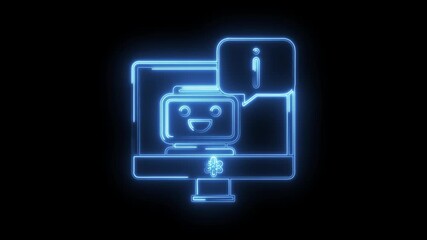 Glowing neon computer with robot character displaying information on a black background