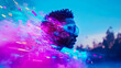 © sommersby - Dynamic cyberpunk portrait of man immersed in neon explosion of pink and blue light trails, highlighting futuristic vision and energetic digital transformation