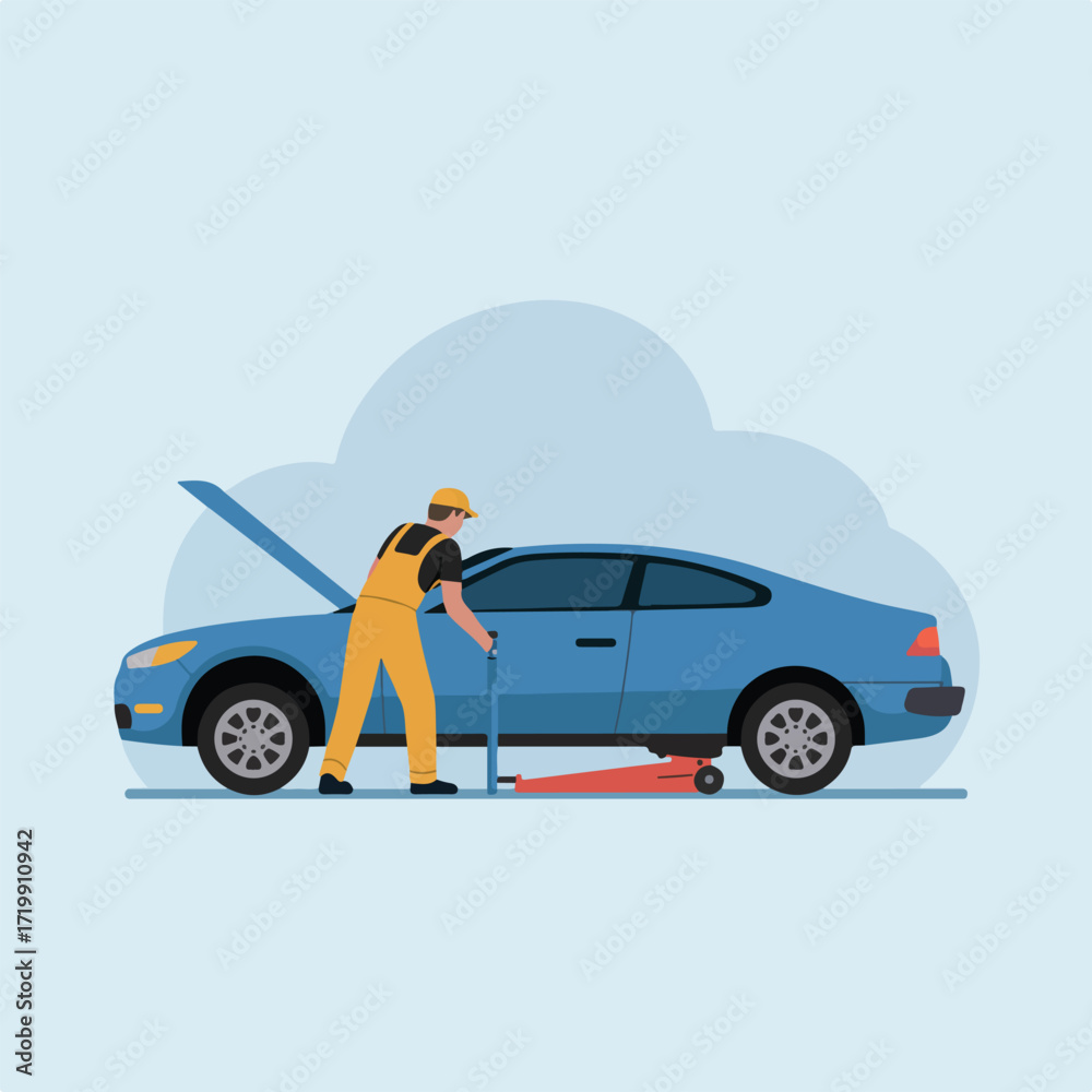 Mechanic repairing a car with the hood open using a jack lift tool ...