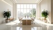 © Maulani - Bright and modern minimalist office conference room with large window overlooking lush green trees.