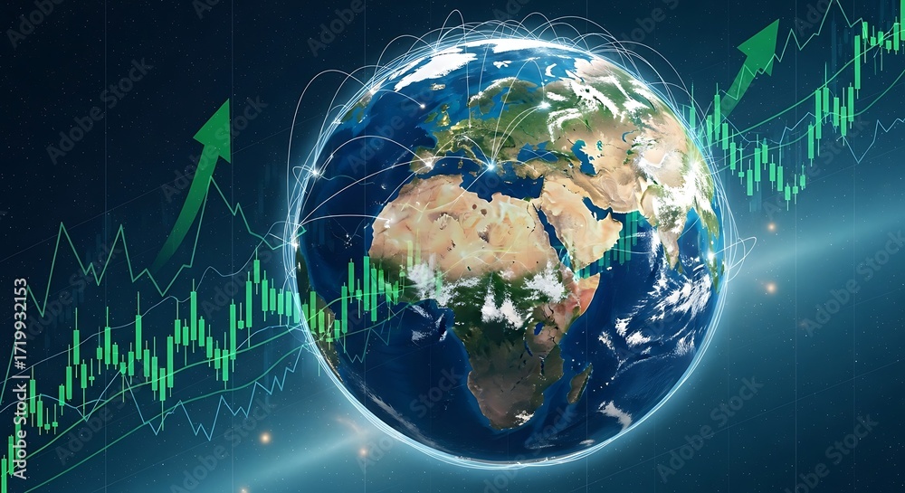 Economic Rising Numbers Global economic growth illustrated by a rising graph superimposed on a ...