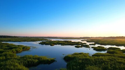 Wall Mural - Pristine blue sky evolves from dawn to dusk over a sprawling marsh, showcasing subtle atmospheric shifts in a clear timelapse change, tranquil, subtle atmospheric shifts