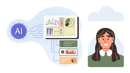 AI system connected to analytic dashboards with charts, graphs, and a smiling professional. Ideal for technology, innovation, data analysis, AI, business user-friendly design teamwork. Simple flat
