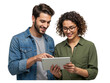 © Creative Design - Smiling diverse couple collaborating and looking at a tablet computer together isolated on transparent background