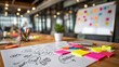 © LiliGraphie - Office brainstorming session with focus on colorful sticky notes and whiteboard in modern workspace.