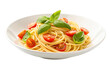 © NAStudio - Savor the freshness of perfectly cooked spaghetti adorned with vibrant cherry tomatoes and fragrant basil leaves a delightful culinary creation