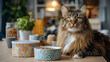 © tynza - Cozy home dining area with a fluffy cat eating from a stylish food bowl next to a decorative pet food container.