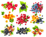 Set of different ripe berries with leaves on white background. Top view.