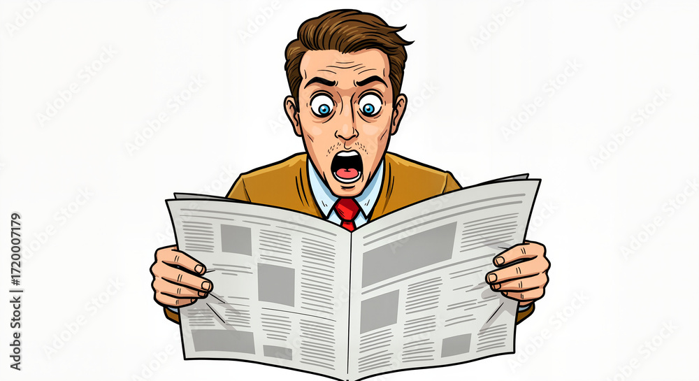 Shocked Businessman Reading Newspaper With Wide Eyes And Open Mouth ...