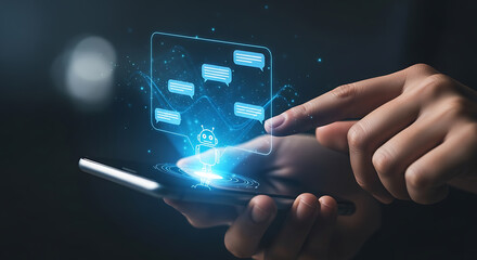 Hand using a smartphone with a chatbot assistant app and message bubbles floating above the screen.