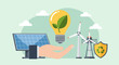 © Mimi - Flat vector illustration of a hand holding a light bulb with green leaf, solar panel and wind turbine in background, concept of clean energy, sustainability, and eco-friendly technology