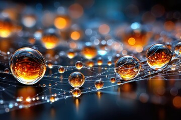 Golden water droplets on a spider web with bokeh