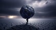 © Katsyarina - Man carrying heavy rock with blue crack on dry cracked earth. Burden concept. Hardship and stress symbol.